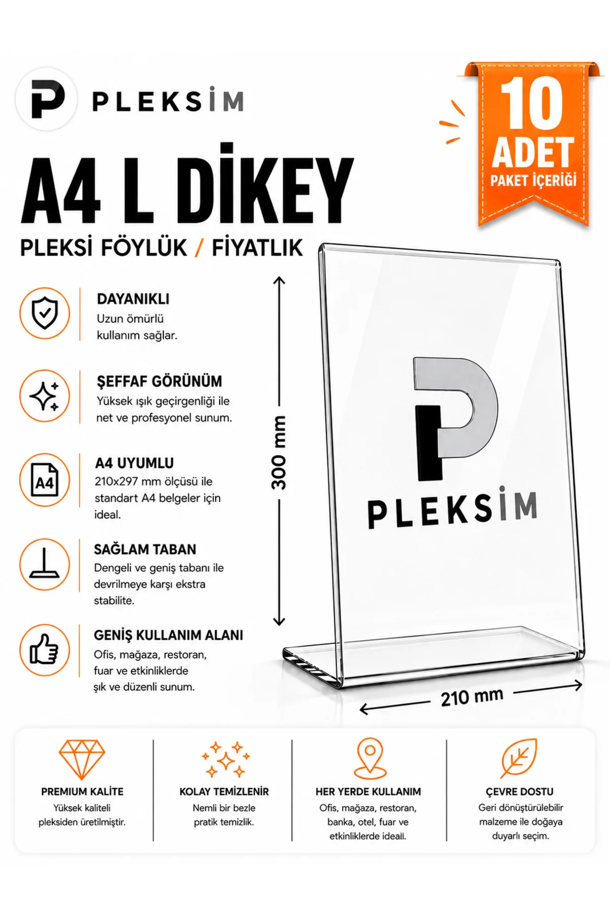 10 Adet A4 L Tipi Dikey 21X30 Cm Şeffaf Pleksi Föylük Etiketlik Fiyatlik - Görsel 1