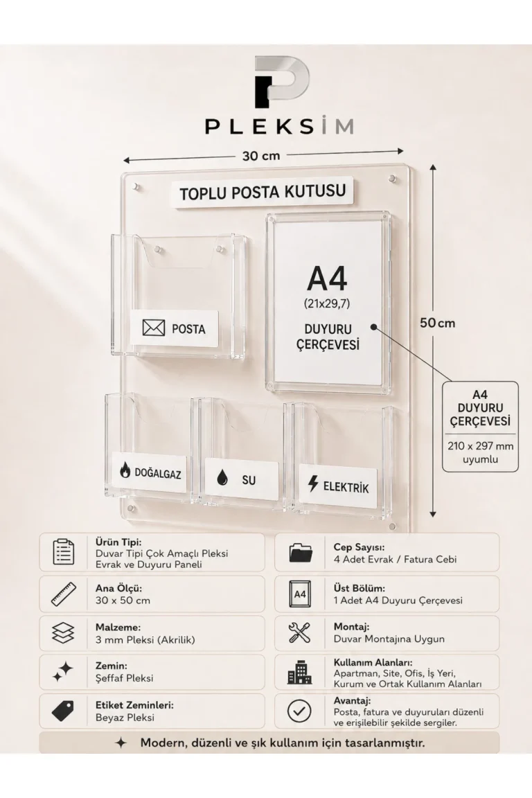 ulusoypleksi Şeffaf Pleksi Toplu Posta Kutusu A4 Duyuru Çerçeveli Duvar Tipi Evrak Fatura ve Apartman Posta Organizeri Premium Ürün