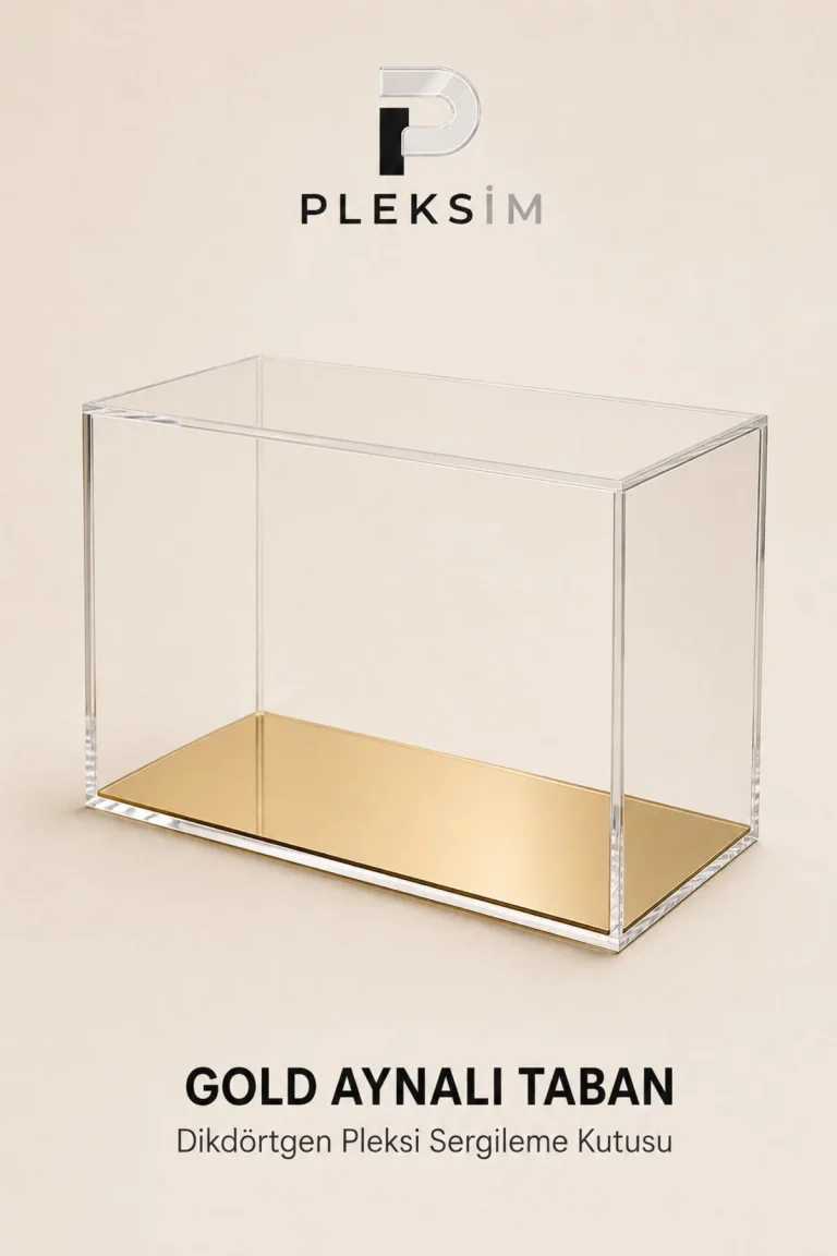 25x15x10 cm Dikdörtgen Koleksiyon Sergileme Kutusu Şeffaf Pleksi Akrilik Display Box Toz Korumalı Gold Aynalı Taban