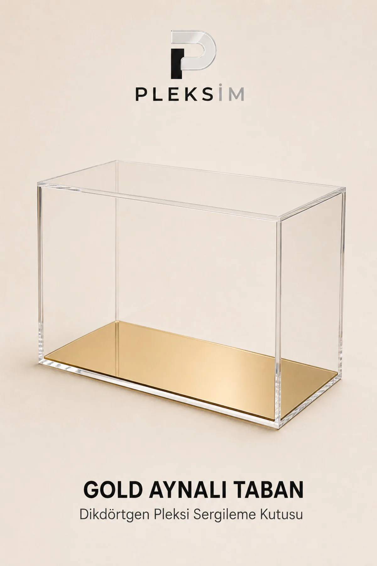30x15x10 cm Dikdörtgen Takı Sergileme Kutusu Şeffaf Pleksi Akrilik Display Box Mücevher Vitrini Gold Aynalı Taban