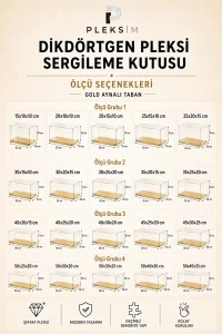 30x15x10 cm Dikdörtgen Takı Sergileme Kutusu Şeffaf Pleksi Akrilik Display Box Mücevher Vitrini Gold Aynalı Taban