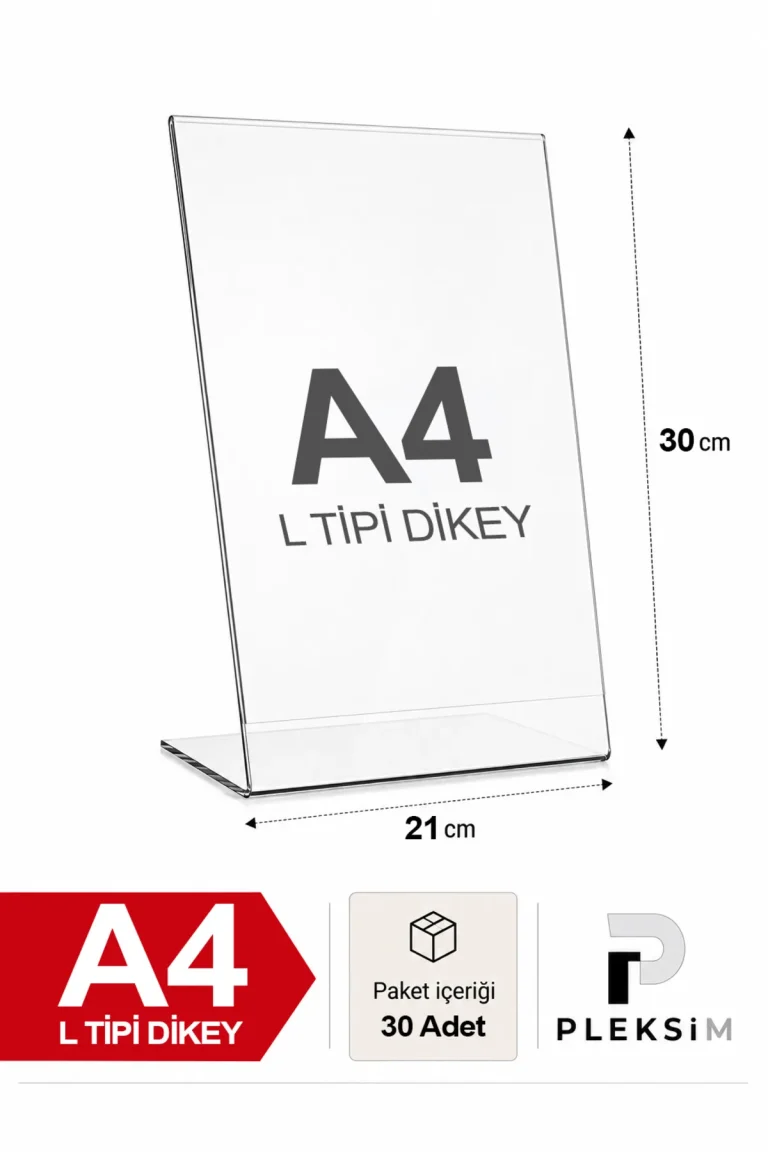 30 Adet A4 L Tipi Dikey 21X30 Cm Şeffaf Pleksi Föylük Resimlik Stand Üstü Sergileme Etiketlik Fiyatlik Premium Ürün