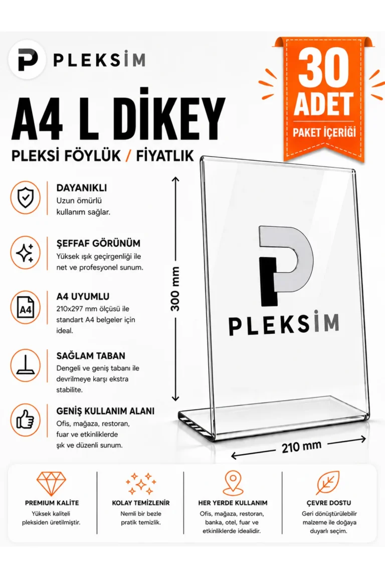 30 Adet A4 L Tipi Dikey 21X30 Cm Şeffaf Pleksi Föylük Resimlik Stand Üstü Sergileme Etiketlik Fiyatlik Premium Ürün