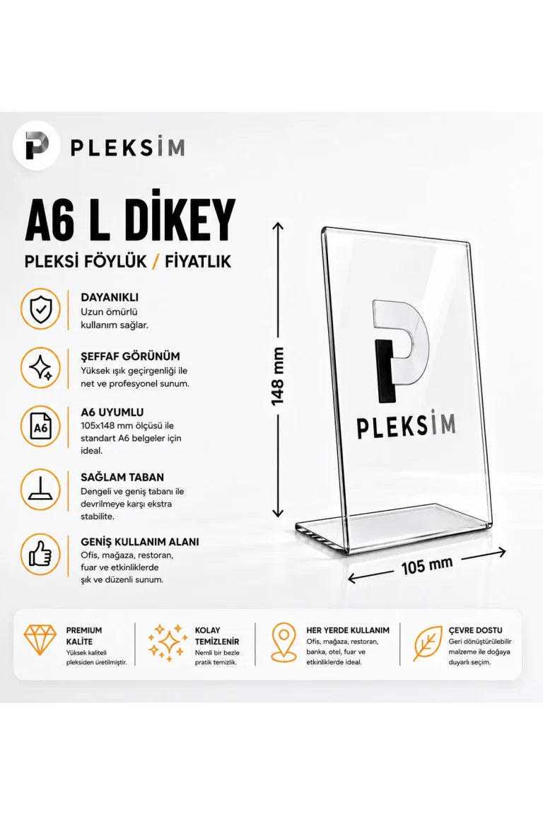 10 Adet A6 L Tipi Dikey 10,5X15 Cm Şeffaf Pleksi Föylük Resimlik Stand Üstü Sergileme Etiketlik Fiyatlik Premium Ürün