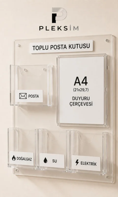Şeffaf Pleksi Toplu Posta Kutusu A4 Duyuru Çerçeveli Duvar Tipi Evrak Fatura ve Apartman Posta Organizeri Premium Ürün